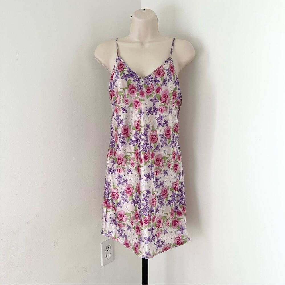 Vintage Satin Slip Dress Floral Cut Out Sides V Neck Criss‎ Cross Nightgown